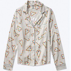 Victoria's Secret Pink NWOT Pajama Button up Grey Sleep Shirt Candy Hearts